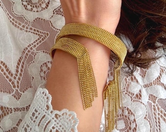 Luxury Golden Long Tassel Cuff Bracelet: 18k Gold Plated Stainless Steel Dangled Fringe Open Cuff