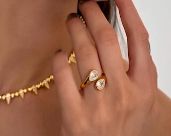 Golden Double Zircon Crystals Symmetrical Teardrop Ring: 18K Gold Plated Stainless Steel