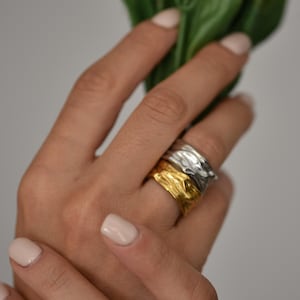 Chunky Sculptural Stainless Steel Open Ring: Golden Silver Stackable Thick Band Ring