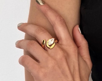 Golden Almond Shaped Zircon Crystal Wrap Ring: 18K Gold Plated Stainless Steel