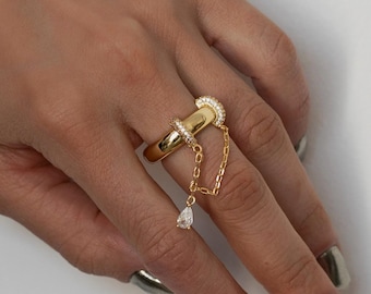Golden Dangling Chain With Zircon Teardrop Crystal Ring: Gold Plated Pave CZ