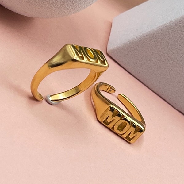 Signet moeder ring • Gouden moeder ring • Glanzende moeders ring • Geometrische open moeder ring • Nieuwe moeder vierkante ring • Moeder cadeau door ToughCandy • Moeders dag cadeau