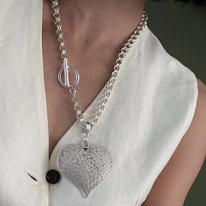 Big Hammered Heart Distressed Chain Necklace• Vintage Style Chain Bold Heart Pendant• Antique Silver Heart Chunky Necklace by ToughCandy