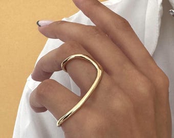 Asymmetrical Sculptural Two Finger Ring: Golden Linear Band Ring