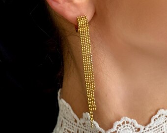Statement Golden Jingle Fringe Chandelier Earrings: 18K Gold Plated Stainless Steel Latch Back Hoops