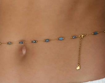 Blue Beaded Stainless Steel Body Chain: Adjustable Blue Navette Glass Beaded Golden Belly Chain