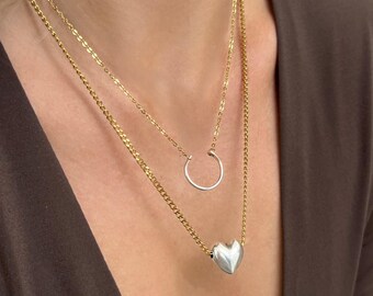 Layered Golden Silver Chains Heart Ring Pendants: Adjustable Minimalist Jewelry