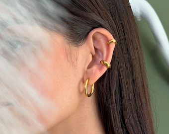 Minimalist Delicate Medium Wire Hoop Earrings: 24K Gold Plated Modern Stacking Everyday Wear Earrings