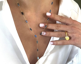 Golden Dainty Rosary Stainless Steel Lariat Necklace: Minimal Y Shaped Blue Crystals Chain