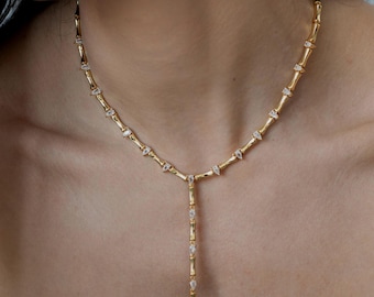 Golden Luxury Y Shape Bars Zircon Crystals Drops Necklace: 18K Gold Plated Lariat