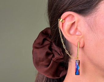 Mismatched Volcano Baguettes Swarovski Crystal Drop Earrings: Golden Statement Glam Fake Ear Cuff Studs