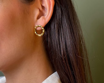 Golden Modern Hammered Circle Shaped Stud Earrings: 24K Gold Plated Unique Everyday Studs