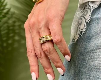 Wide Triple Baguette Zircon Ring: 18K Gold Plated Stainless Steel