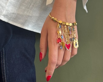 Luxury Golden Multi-Charm Open Bangle: Enamel Dangling Charms & Layered Chains Cuff
