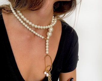 Elegant Long Drop Versatile Wrap Necklace: Adjustable Carabiner Clasp Multi-Way Pearl Lariat