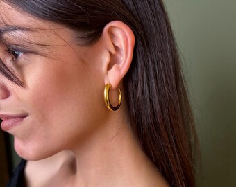 Bold Unique Golden Horn Shaped Hoop Earrings: 24K Gold Plated Statement Everyday Jewelry
