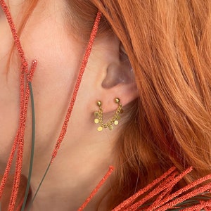 Statement Double Dangling Chain Golden Earring• Elegant Lightweight Helix Stud• Wide Frills Chain Cartilage Stud By ToughCandy• Gift for Her