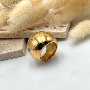 Golden Bold Statement Dome Ring: Heavy Chunky Stainless Steel Curved Ring
