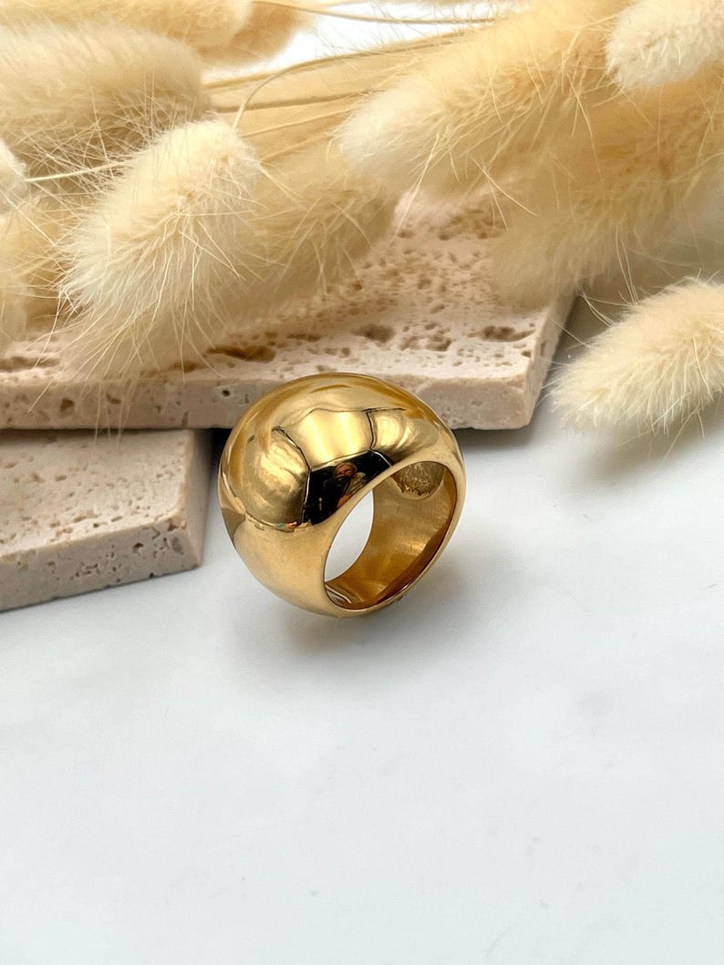 Golden Bold Statement Dome Ring: Heavy Chunky Stainless Steel Curved Ring