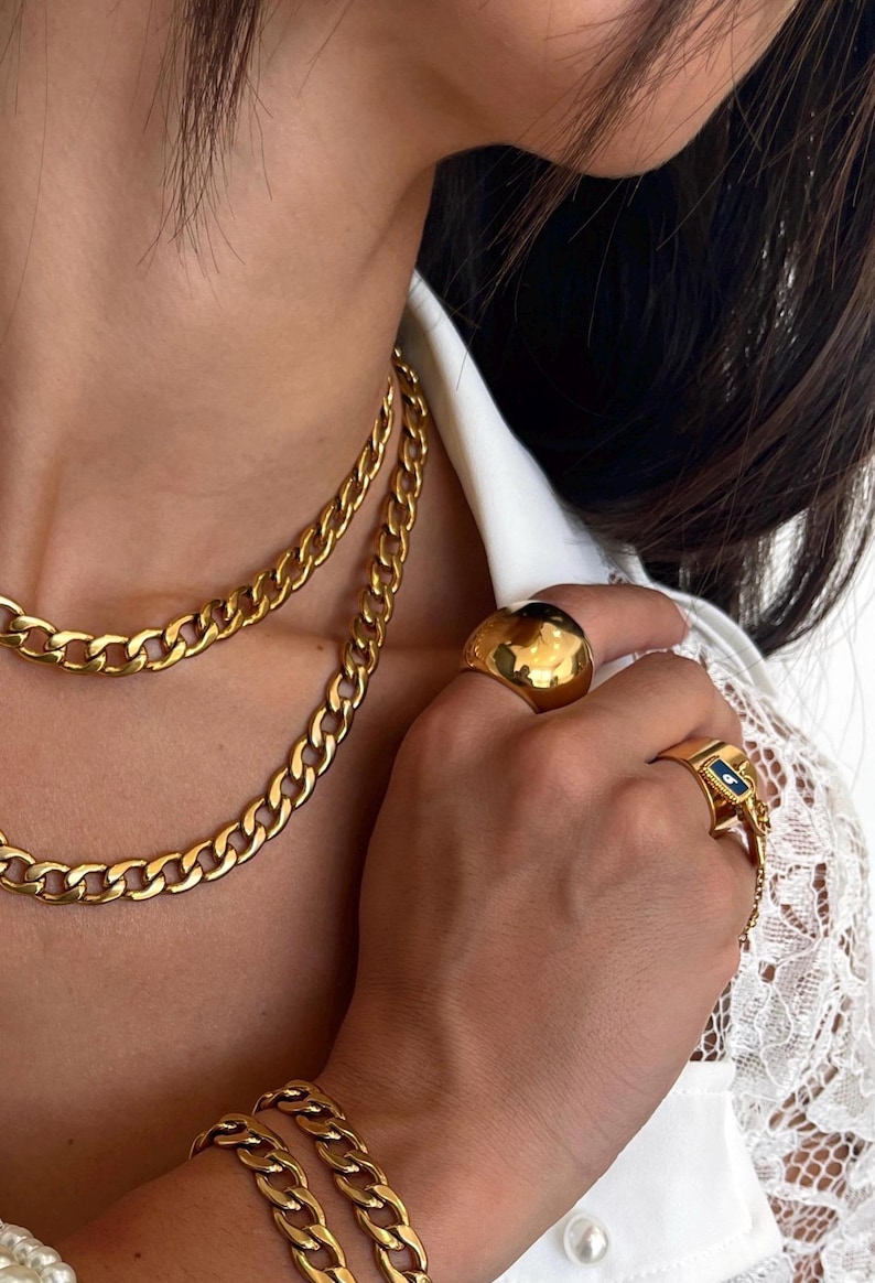 Golden Bold Statement Dome Ring: Heavy Chunky Stainless Steel Curved Ring