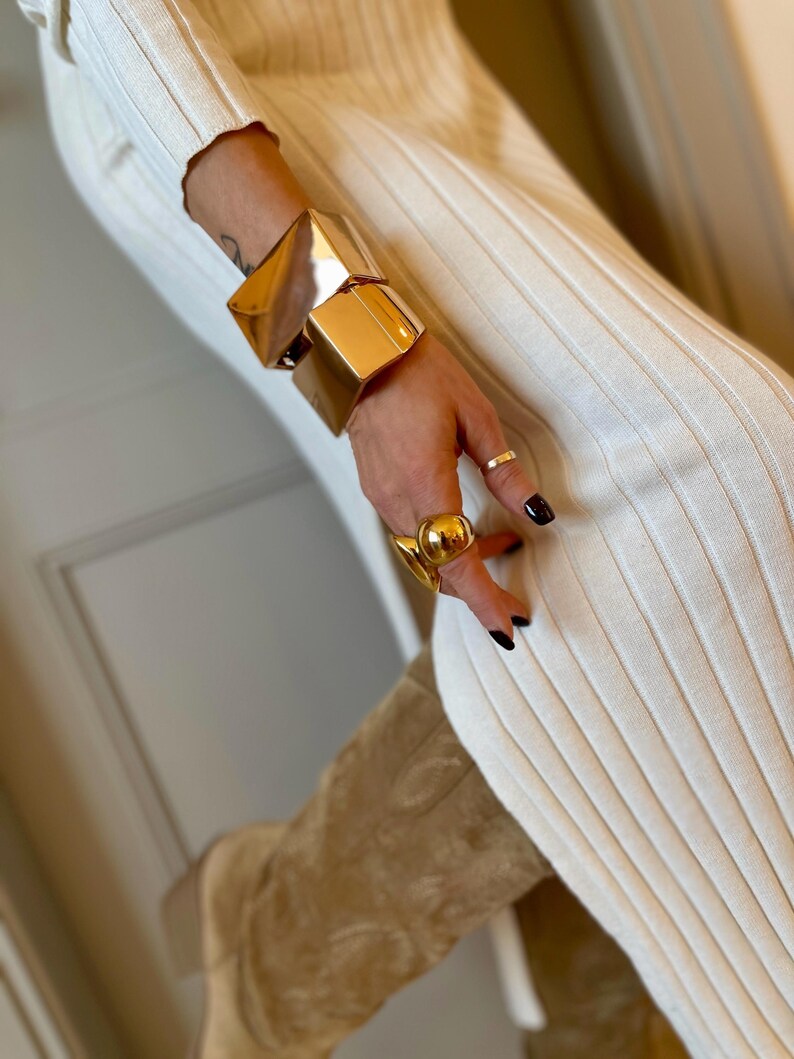 Golden Bold Statement Dome Ring: Heavy Chunky Stainless Steel Curved Ring