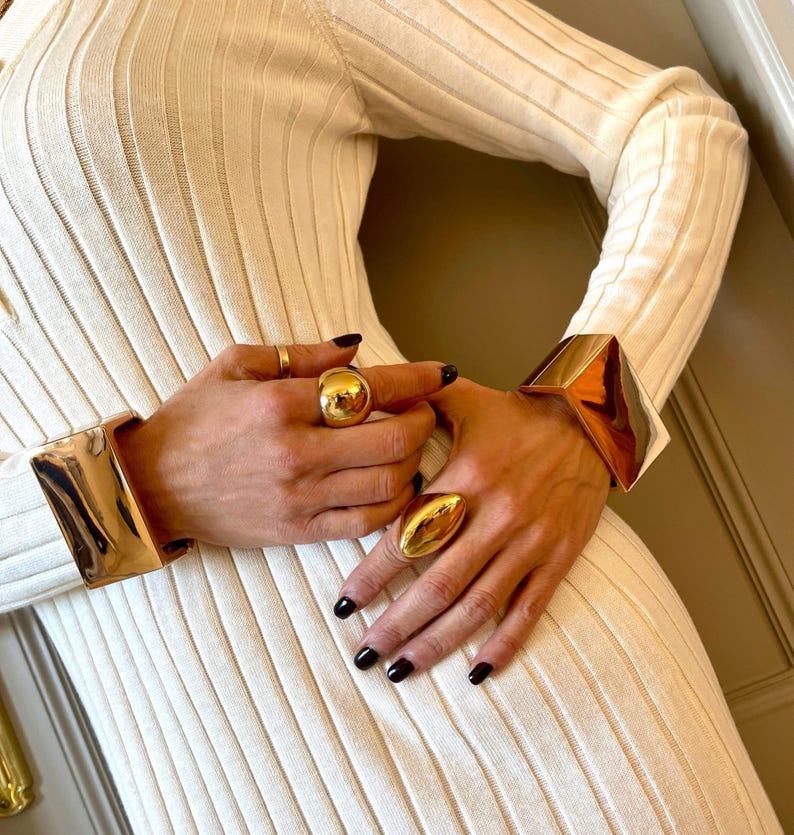 Golden Bold Statement Dome Ring: Heavy Chunky Stainless Steel Curved Ring