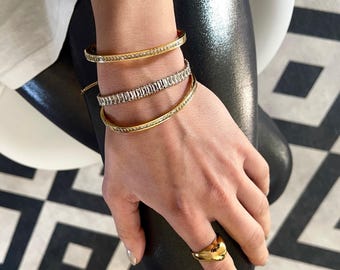 Women's 18K Gold Plated Stainless Steel Square & Oval CZ Cuff Bracelet Bangle
