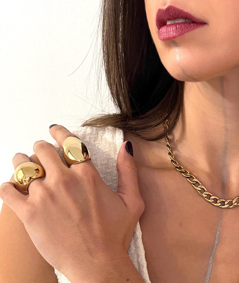 Golden Bold Statement Dome Ring: Heavy Chunky Stainless Steel Curved Ring