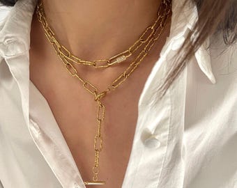 Gelaagde choker lariatkettingset• Ovale schakel diamantgeslepen gouden kettingkettingen• Lichtgewicht veiligheidsspeld zirkoonkettingen van ToughCandy