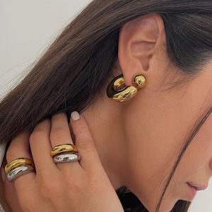 Thick Shiny Hoop Ear Jackets: Golden Chunky Ball Clasp Stainless Steel Earrings