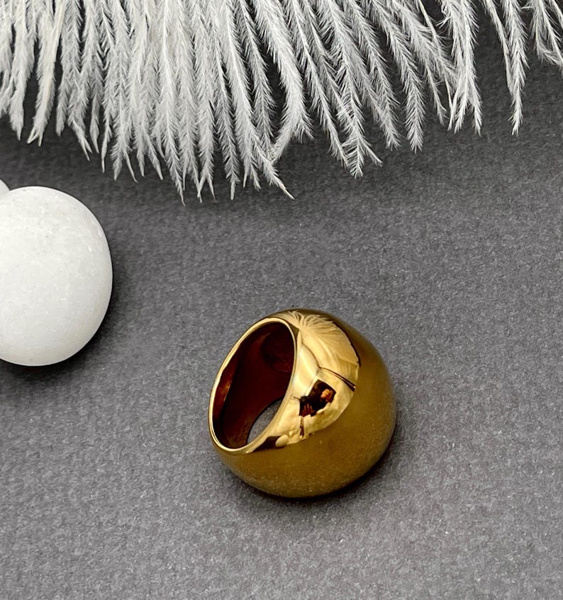 Golden Bold Statement Dome Ring: Heavy Chunky Stainless Steel Curved Ring