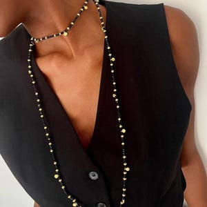 Collana nera extra lunga con perline di cristallo • Pendente scintillante con pietre semipreziose • Girocollo regolabile doppio oro glamour e versatile ToughCandy