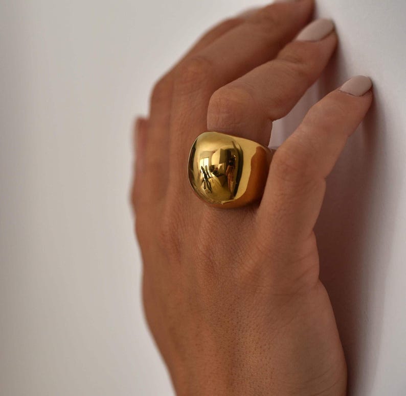 Golden Bold Statement Dome Ring: Heavy Chunky Stainless Steel Curved Ring