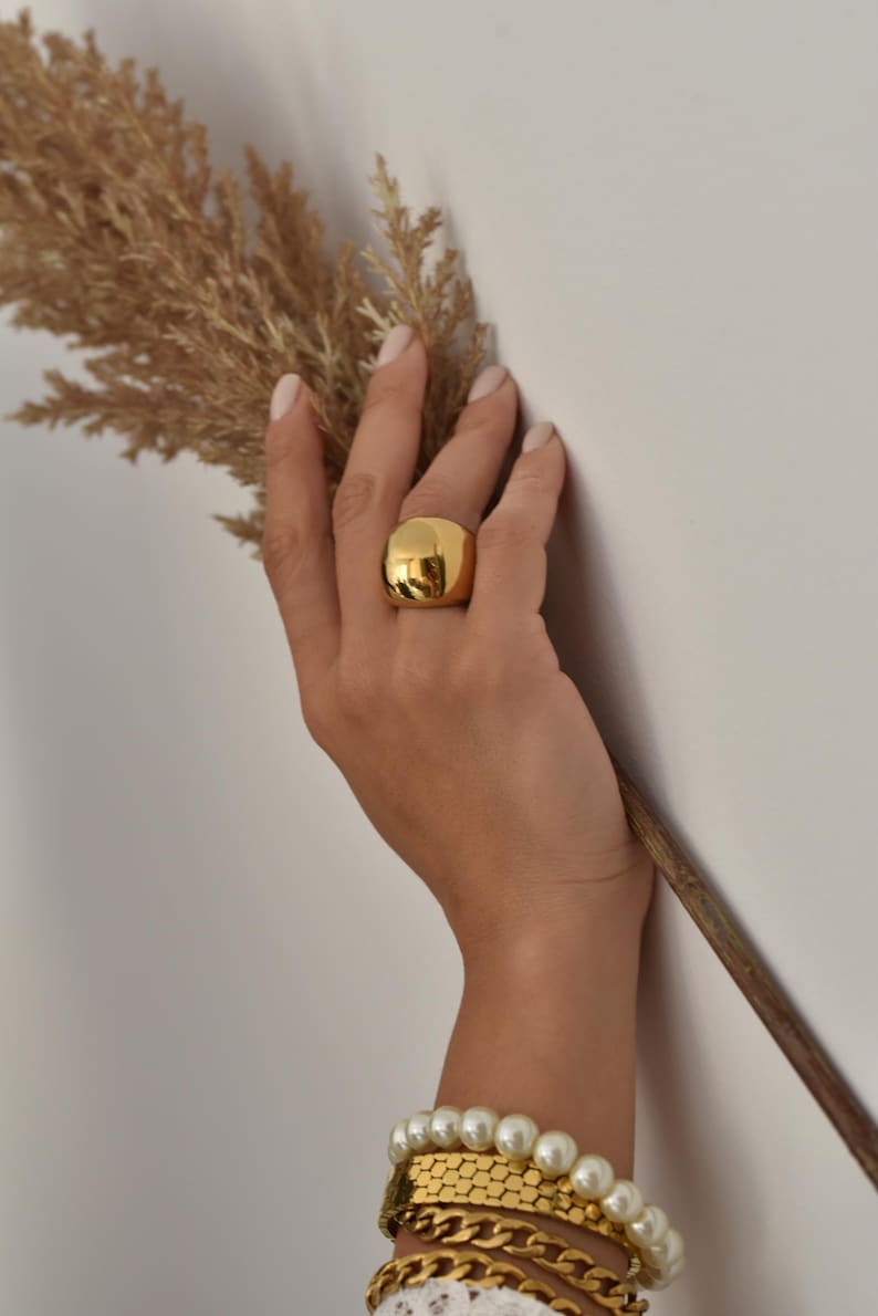 Golden Bold Statement Dome Ring: Heavy Chunky Stainless Steel Curved Ring