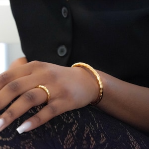 Golden Hammered Cuff• Open Thick Bangle• Stackable Bold Cuff Bracelet• Solid Modern Rock Style Bracelet by ToughCandy• Valentines Gift
