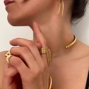 Anillo de cadena con borla chapado en oro de 18 quilates • Anillo ajustable con flecos colgantes dorados • Anillo abierto elegante y con estilo de ToughCandy • Regalo de cumpleaños