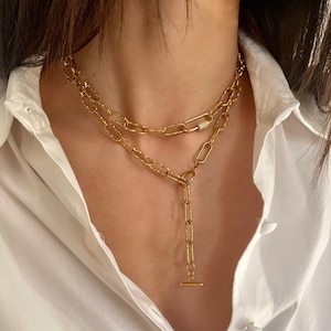 Gelaagde choker lariatkettingset• Ovale schakel diamantgeslepen gouden kettingkettingen• Lichtgewicht veiligheidsspeld zirkoonkettingen van ToughCandy afbeelding 3