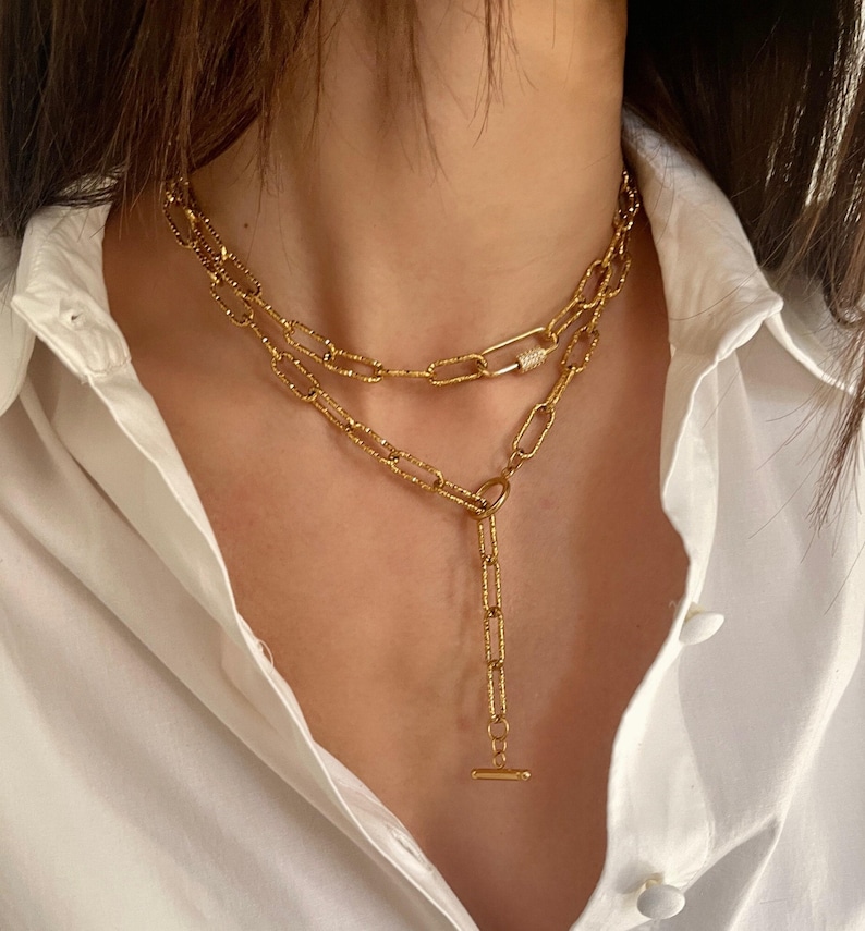 Gelaagde choker lariatkettingset• Ovale schakel diamantgeslepen gouden kettingkettingen• Lichtgewicht veiligheidsspeld zirkoonkettingen van ToughCandy afbeelding 3