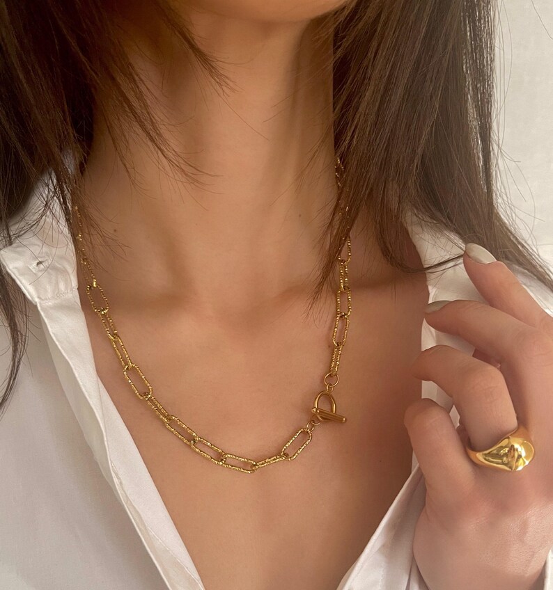Gelaagde choker lariatkettingset• Ovale schakel diamantgeslepen gouden kettingkettingen• Lichtgewicht veiligheidsspeld zirkoonkettingen van ToughCandy afbeelding 8
