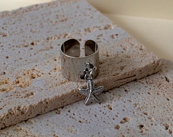 Starfish charm ring | silver stainless steel ring | adjustable ring | starfish pendant | charm | trendy jewelry