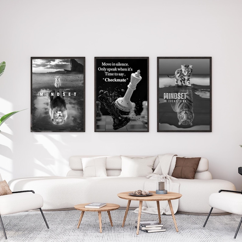 May include: Three framed black and white art prints. The prints feature images of a lion, a chess piece, and a tiger with the word "MINDSET" in each. The chess print includes the text "Move in silence. Only speak when it's Time to say, 'Checkmate.'"