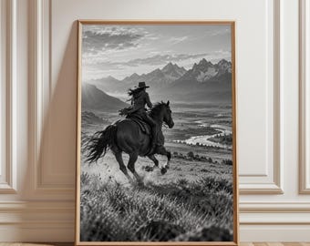 Cowgirl Poster, Western Wall Art, Cowboy Horse Print, Rustic Country Decor, Western Landscape Art, Cowgirl Room Decor