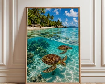 Sea Turtle Poster, Tropical Beach Wall Art, Ocean Wildlife Print, Coastal Decor, Underwater Coral Artwork, Marine Life