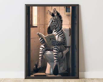 Funny Zebra Poster, Animal Humor Wall Art, Zebra Reading Newspaper Print, Quirky Bathroom Decor, Surreal Animal Art