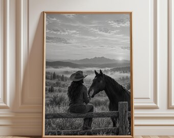 Cowgirl Horse Poster, Western Wall Art, Horse Lover Print, Rustic Country Decor, Equestrian Art, Western Landscape Poster