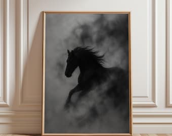 Black Horse Poster, Dark Horse Wall Art, Moody Equine Print, Mystical Horse Painting, Gothic Animal Decor, Fog Artwork