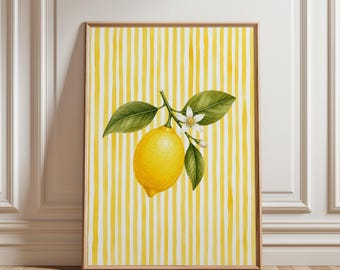 Lemon Poster, Citrus Kitchen Wall Art, Vintage Fruit Print, Italian Summer Decor, Botanical Food Illustration