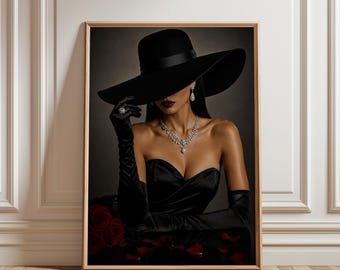 Black and White Fashion Poster, Elegant Woman Wall Art, Luxury Glam Portrait Print, Chic Aesthetic Decor, Minimalist Fashion Art