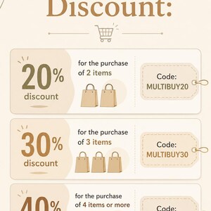 May include: A beige graphic sign titled Multi-Purchase Discount with three rows showing tiered savings. Each row displays a percentage discount, shopping bag icons, and a corresponding coupon code: MULTIBUY20, MULTIBUY30, and MULTIBUY40.