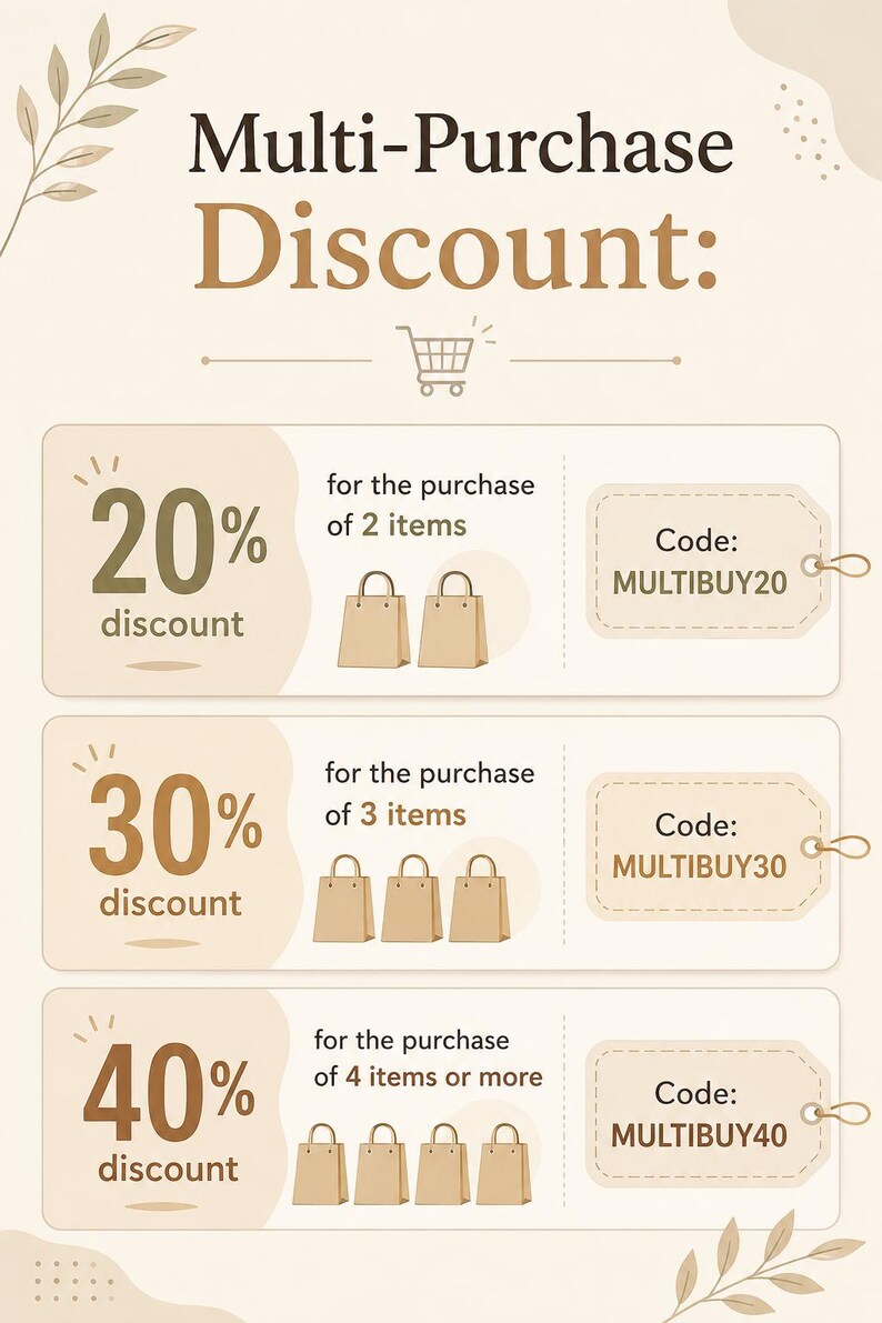 May include: A beige graphic sign titled Multi-Purchase Discount with three rows showing tiered savings. Each row displays a percentage discount, shopping bag icons, and a corresponding coupon code: MULTIBUY20, MULTIBUY30, and MULTIBUY40.